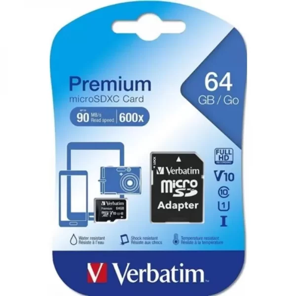 Tarjeta de Memoria Micro SD 64 GB Verbatim Clase 10 con Adaptador